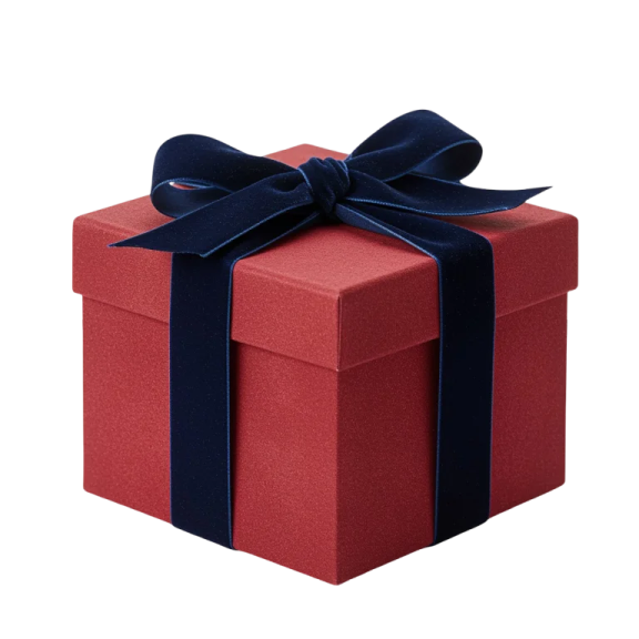 a red gift box with a blue ribbon