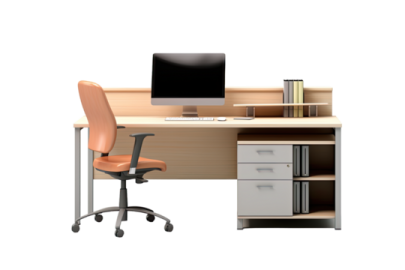 an office desk with a computer on it