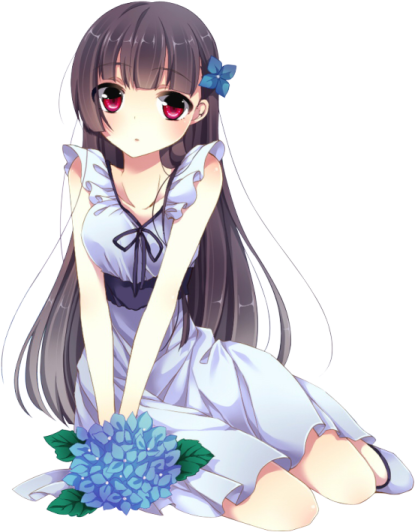 an anime girl sitting on the ground with a flower in her hand