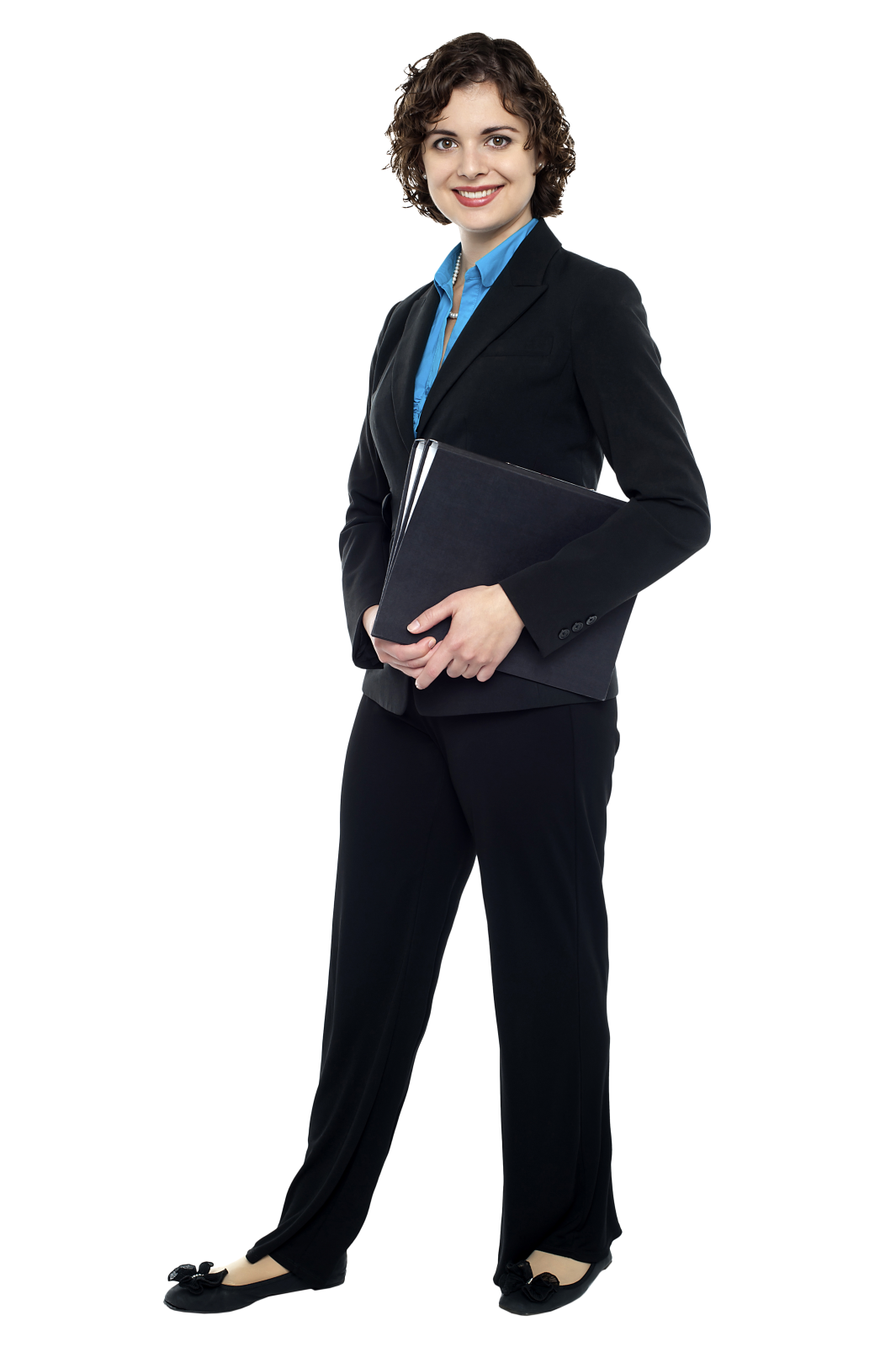 a woman in a suit and tie holding a folder