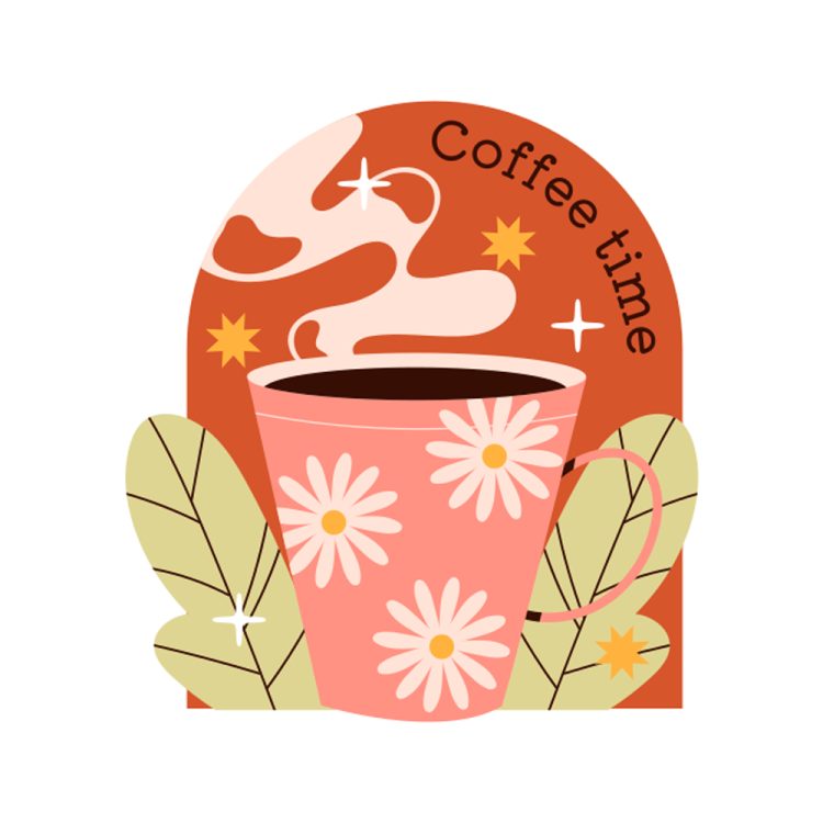 a cup of coffee with flowers and leaves around it