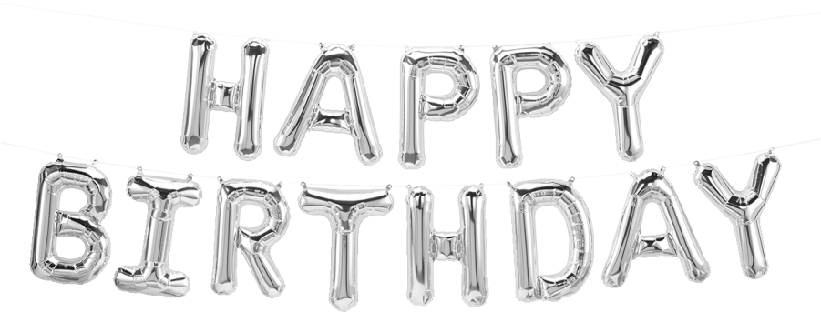 a happy birthday banner with silver foil balloons