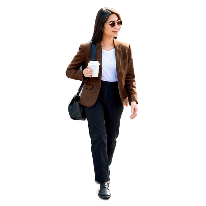 a woman in a brown jacket and black pants