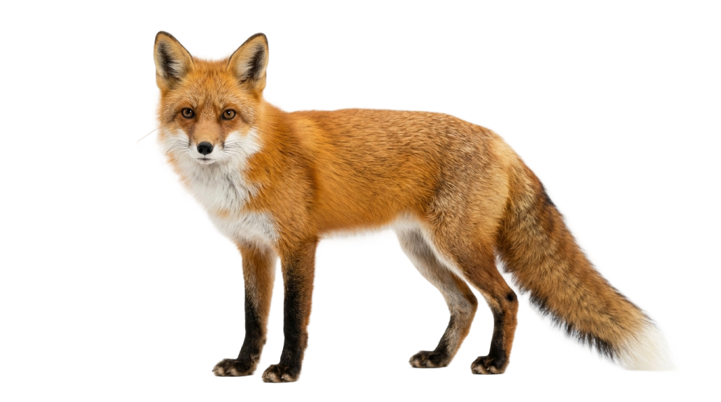 a red fox standing up against a white background