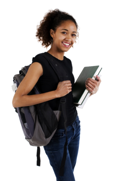 a girl with a backpack holding a book