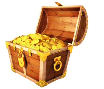 a wooden chest filled with gold coins