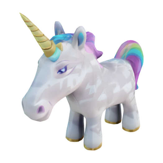 a white unicorn with purple and yellow manes