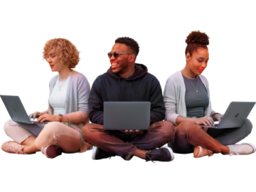 three people sitting on the floor with laptops
