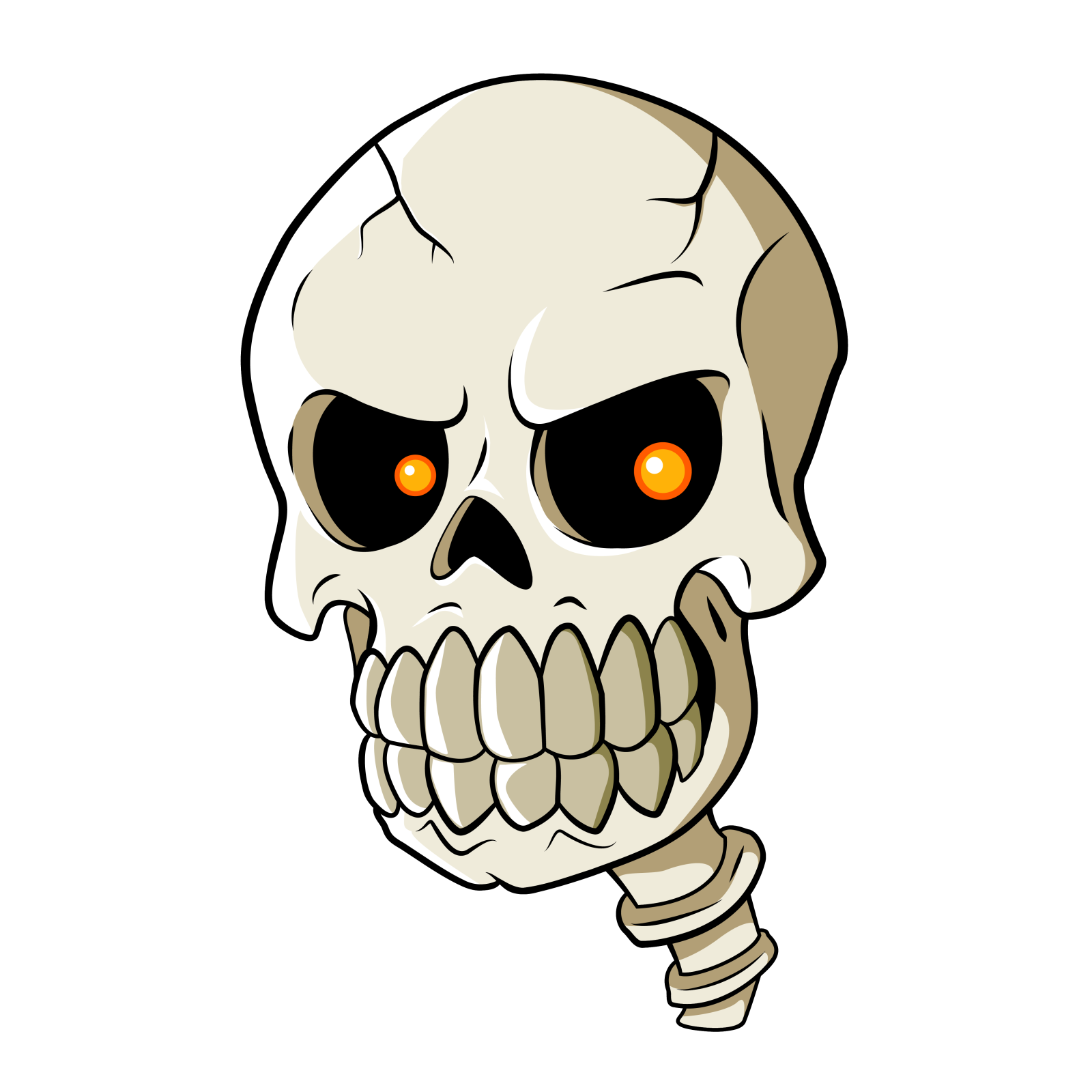 a cartoon skull with orange eyes