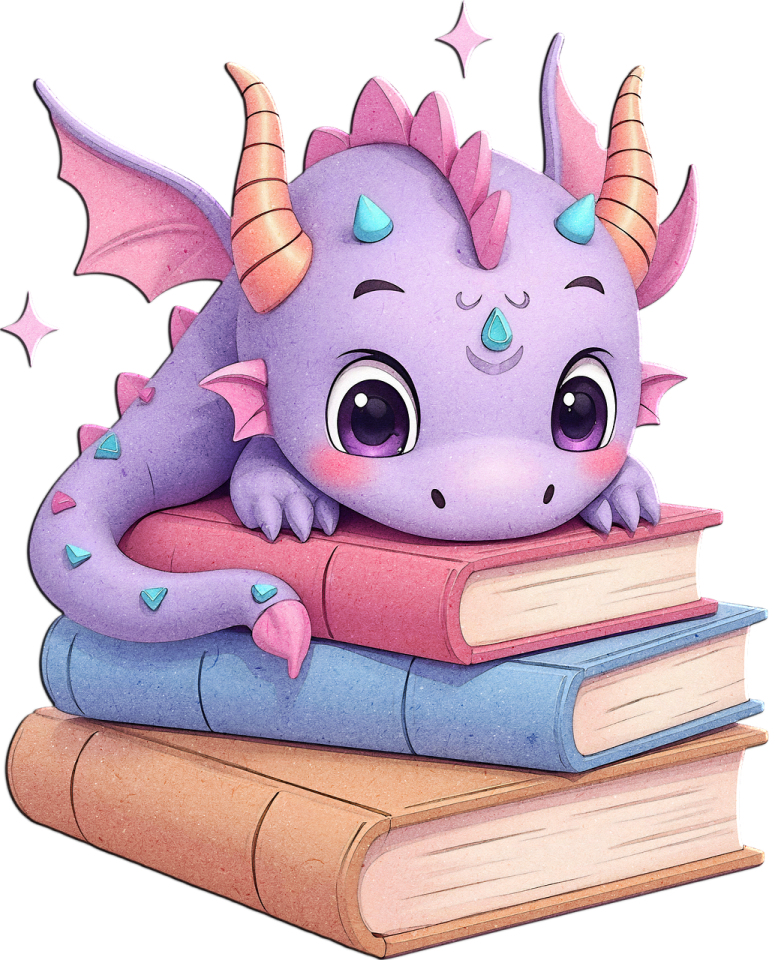 a purple dragon sitting on top of a pile of books