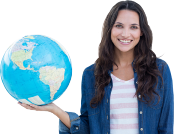 a woman holding a globe and smiling