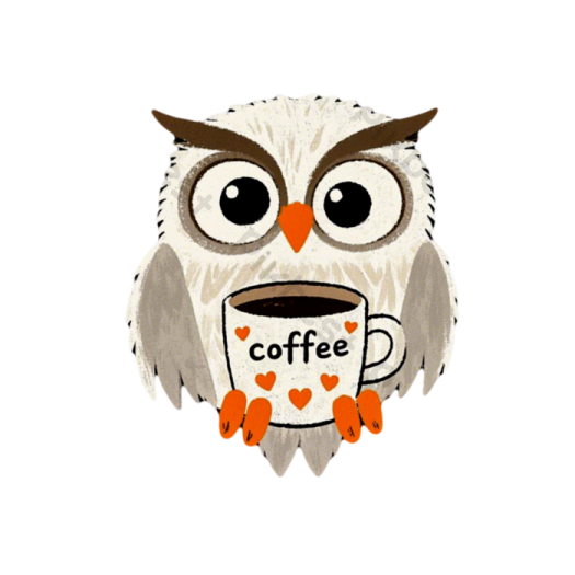 an owl with a coffee cup in its mouth