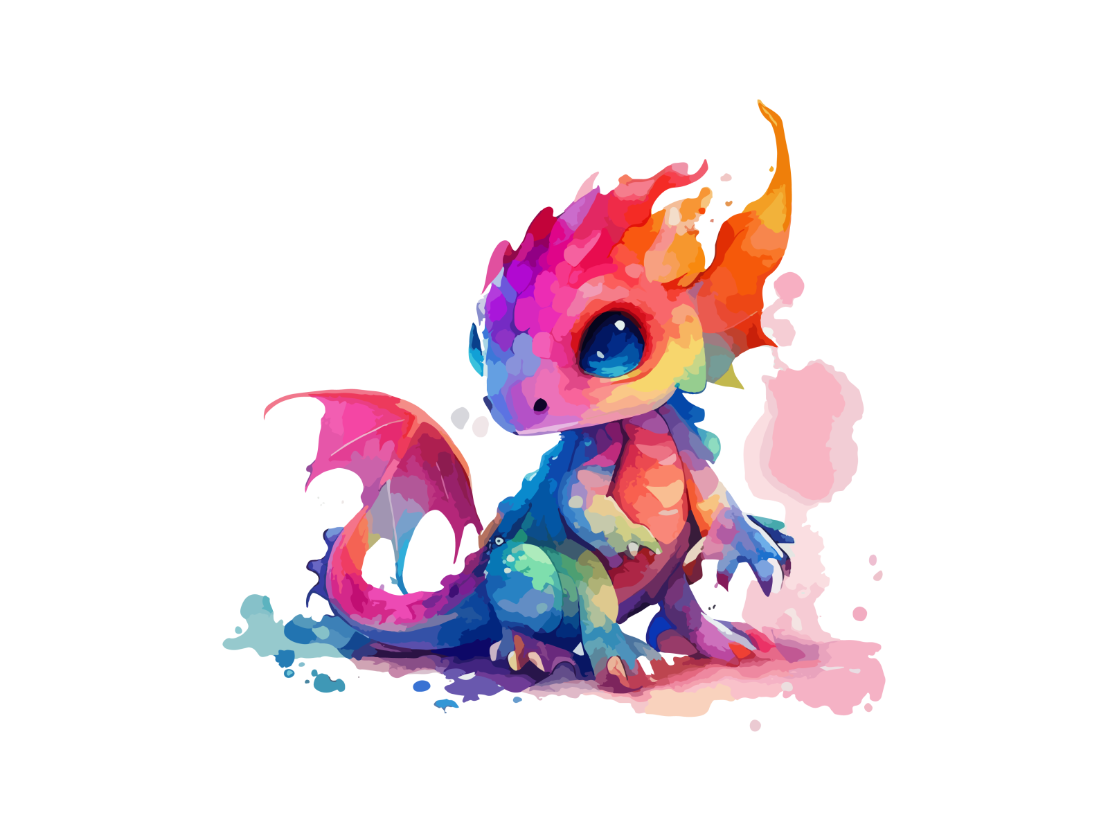 a colorful watercolor dragon sitting on the ground