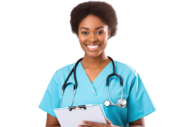 a woman in scrubs holding a clipboard