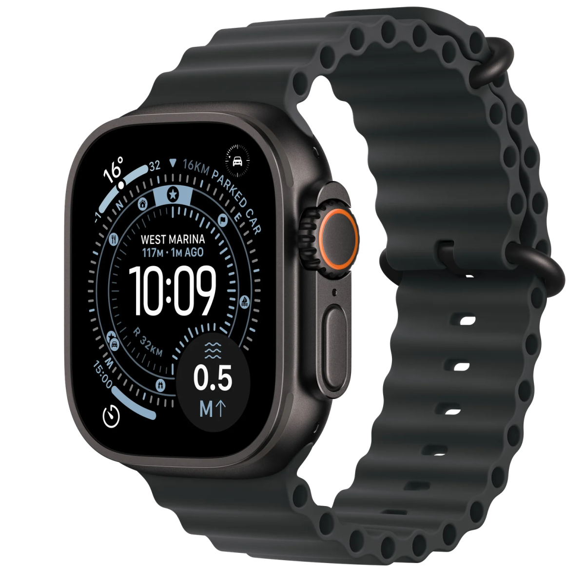 a black apple watch with an orange band