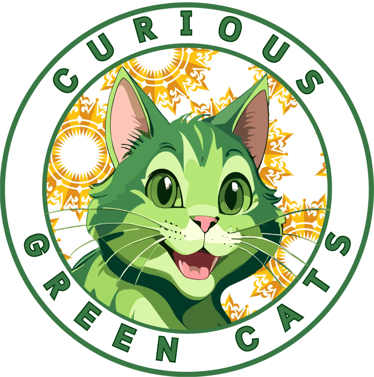 a green cat with an orange and white background