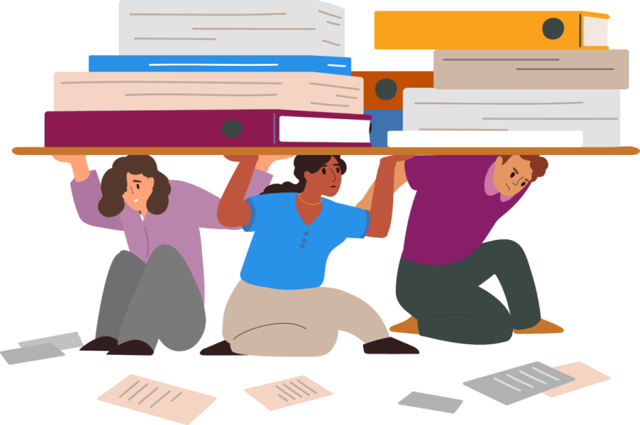 three people carrying a stack of papers