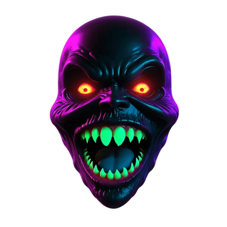 an alien head with glowing eyes and fangs