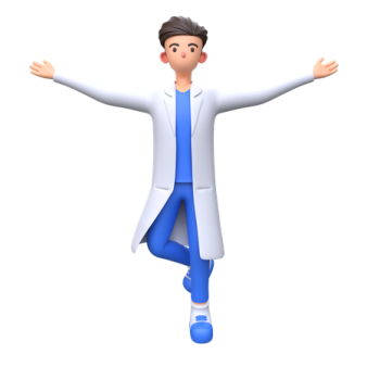 a man in a white coat and blue pants