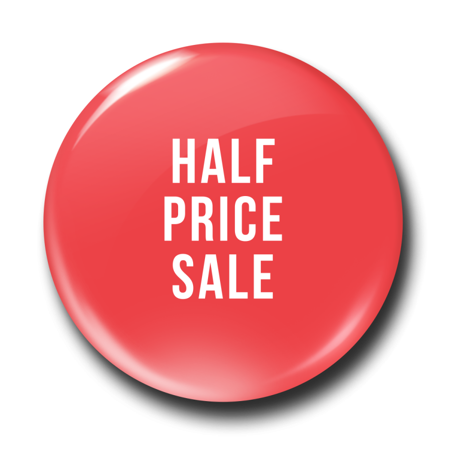 a red button with the word half price