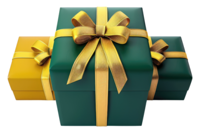 a green gift box with gold ribbon and bow