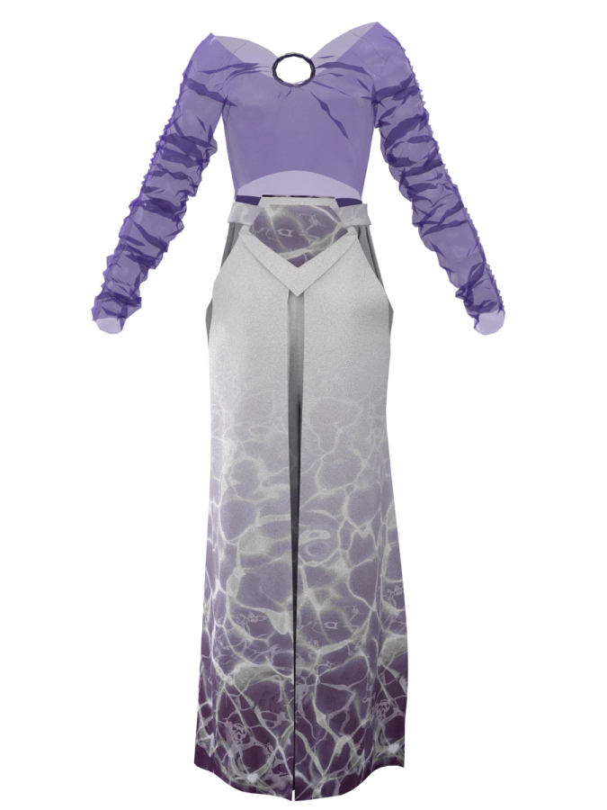 an image of a woman wearing a purple and white dress