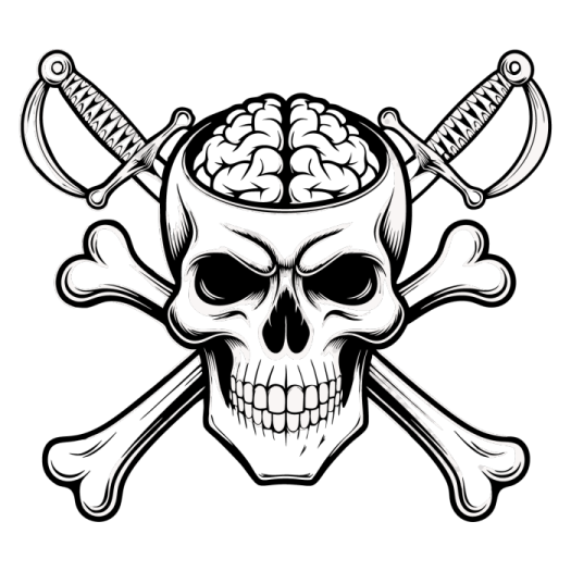 a skull with two crossed swords and a brain in the middle