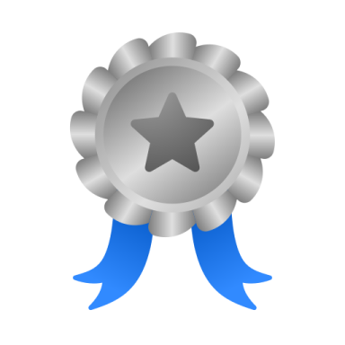 a silver medal with a blue ribbon around it
