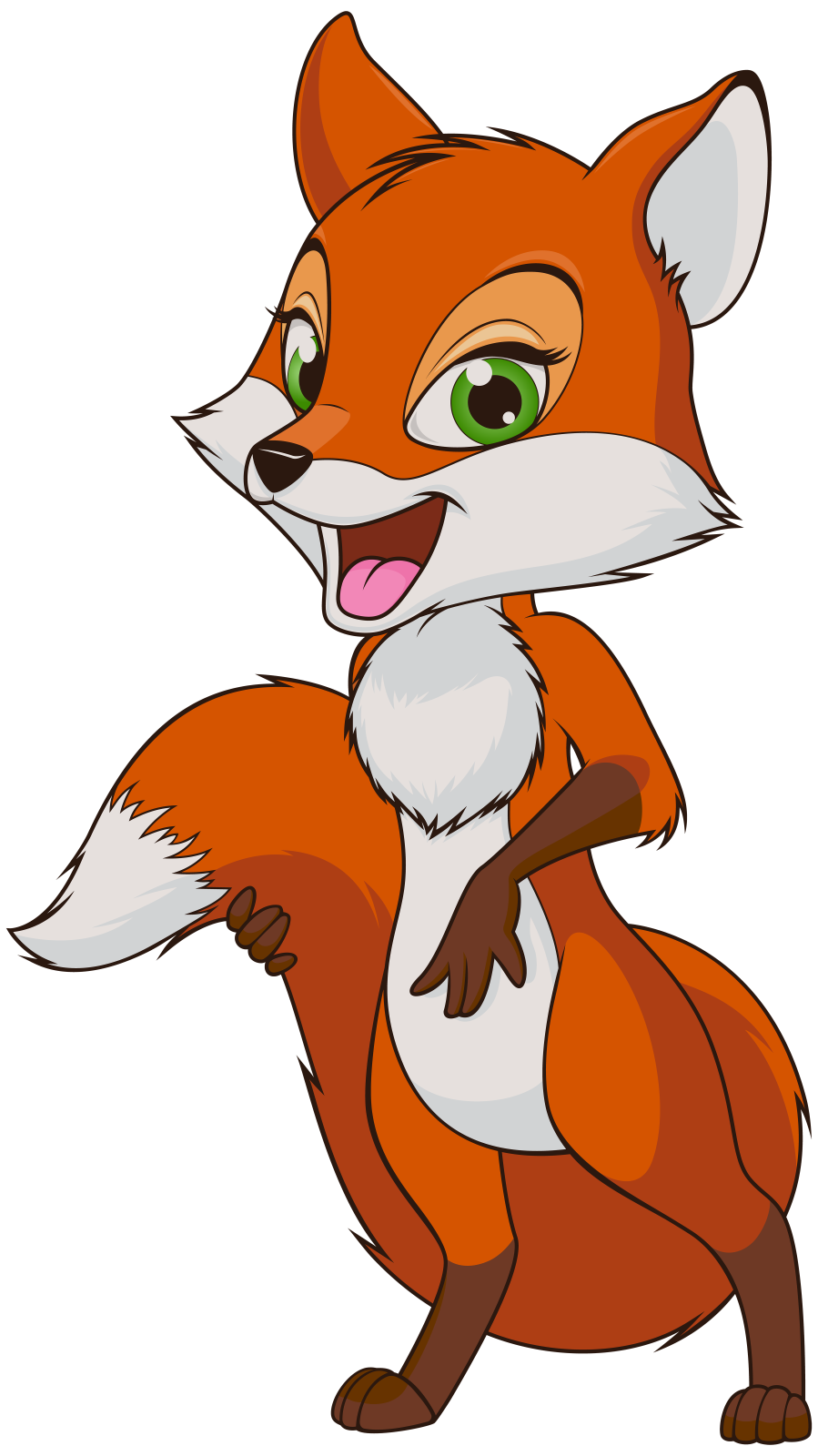 a cartoon fox with green eyes and brown fur