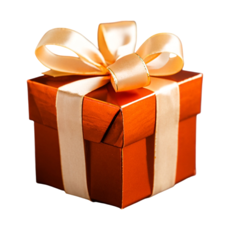 an orange gift box with a white bow