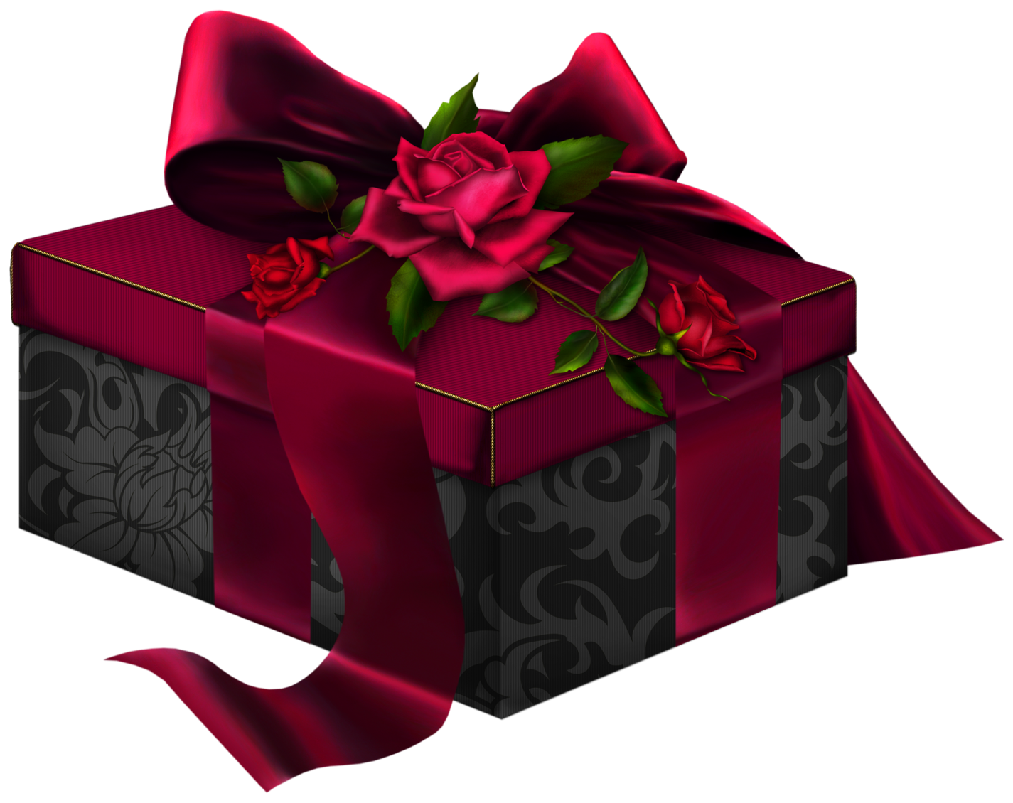 a red and black gift box with a rose on it