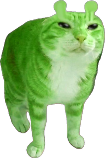 a green cat standing on top of a white surface