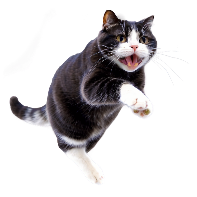 a black and white cat with its mouth open