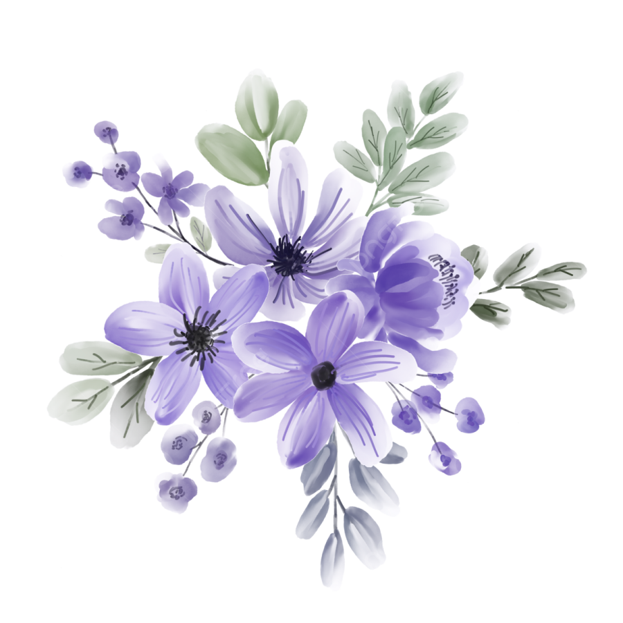 a bouquet of purple flowers on a white background