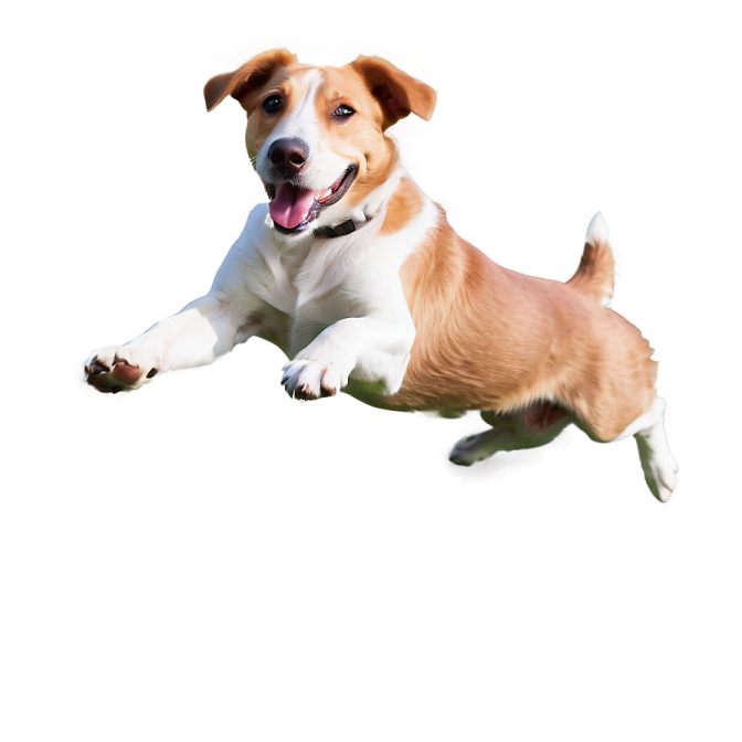 a small brown and white dog jumping in the air