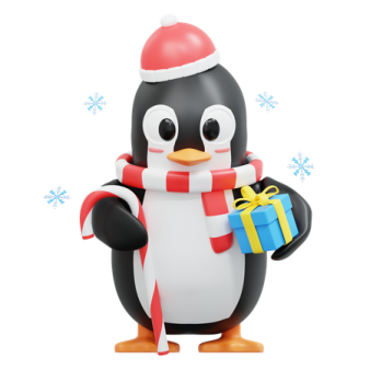 a penguin wearing a santa hat and holding a present