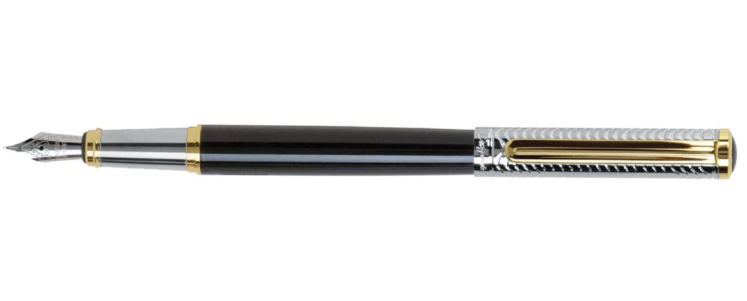 a black and gold fountain pen on a white background