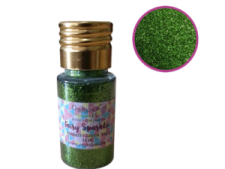 a bottle of green glitter on a white background