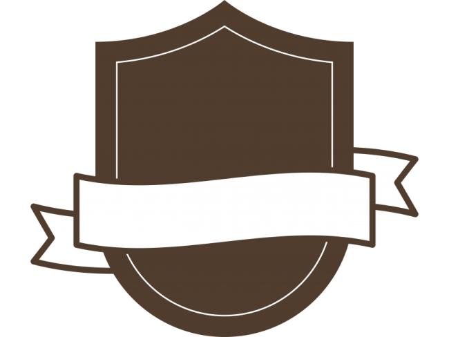 a brown shield with a white ribbon around it