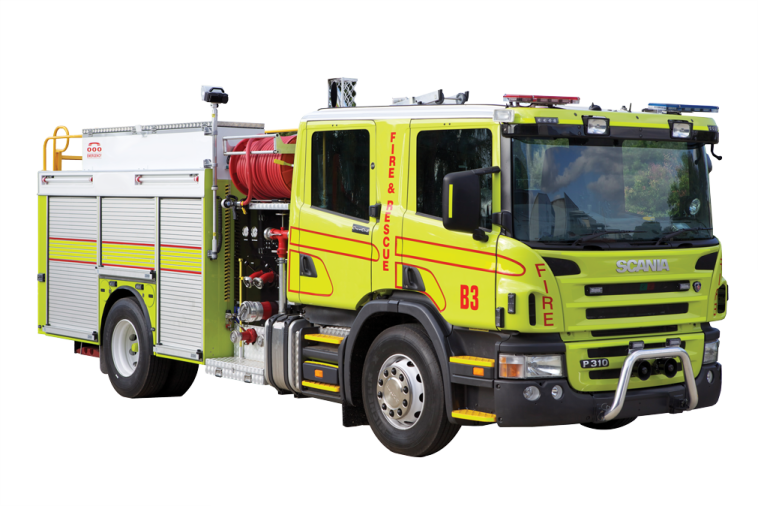 a yellow fire truck on a white background