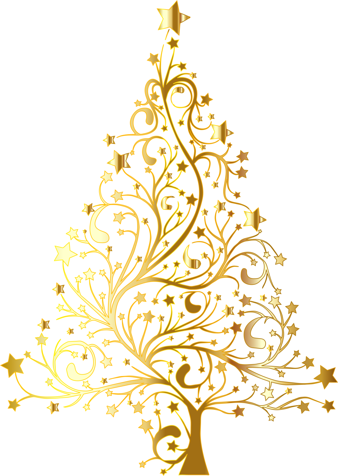 a gold christmas tree with stars and swirls