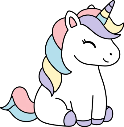 a cartoon unicorn sitting down on the ground