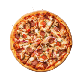 a pizza with meat and vegetables on it