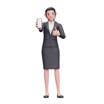 a woman in business attire holding a cell phone