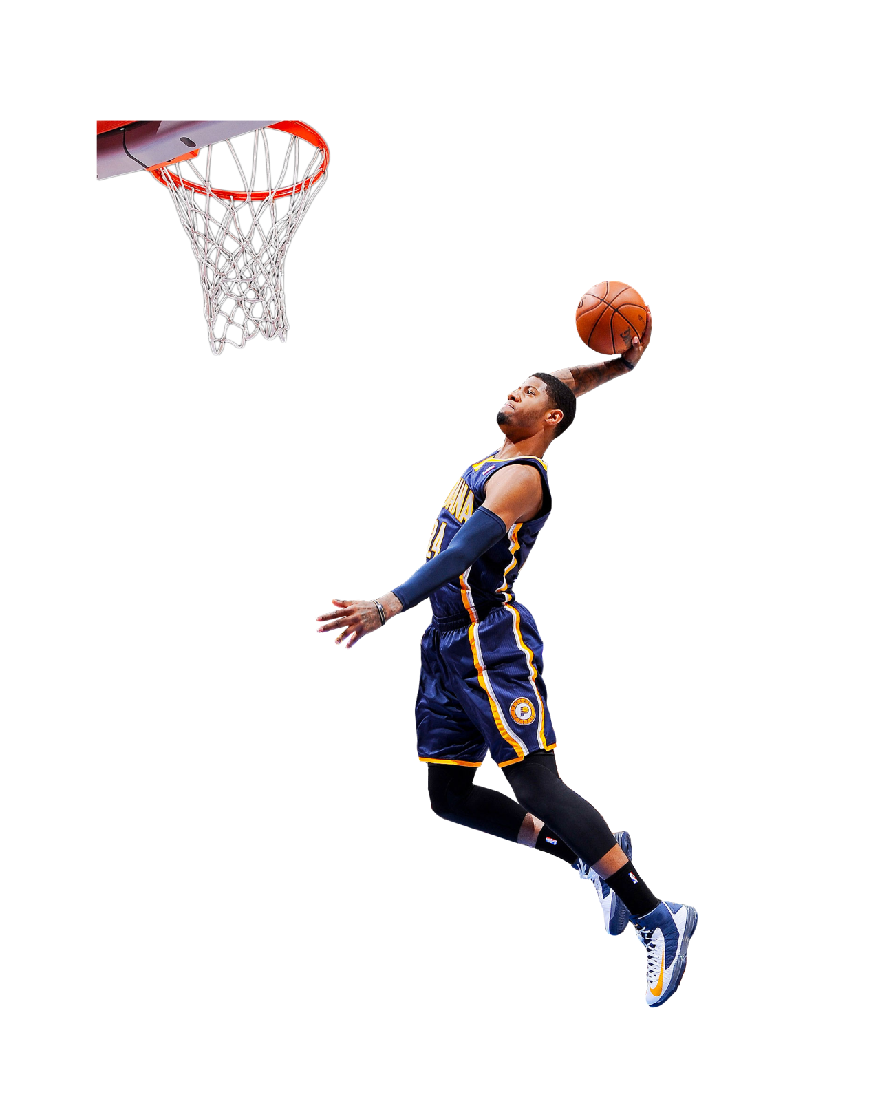 a basketball player jumping in the air with a ball