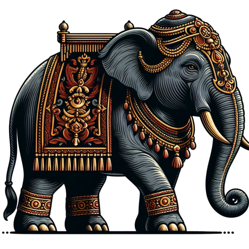 an elephant with a decorated trunk on its back