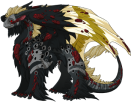 an image of a black dragon with red and yellow wings