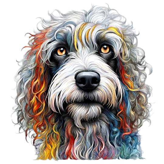 a painting of a dog with colorful hair