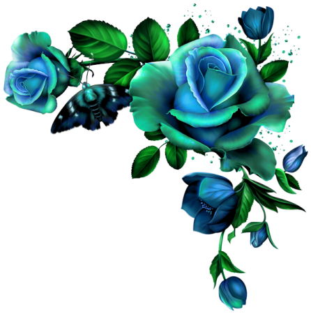 a bunch of blue roses with green leaves