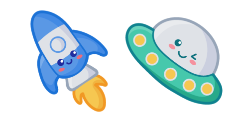 two cartoon spaceships, one blue and the other green